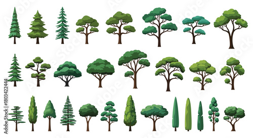 A diverse collection of pixel art trees in various shapes and sizes, featuring conifers and broadleaf designs for digital art and game assets.
