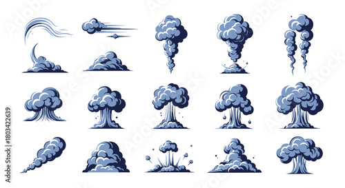 A collection of pixel art illustrations depicting various smoke effects, explosions, and cloud shapes, suitable for retro game design and animation.