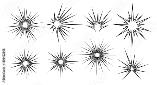 A versatile collection of stylized black and white starburst and sunburst design elements, perfect for illustrating light, impact, or explosion effects.