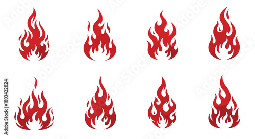 Eight red flame icons with various stylized designs on a white background, representing fire, heat, and passion.