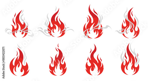 A collection of stylized red flame icons with swirling smoke, illustrating concepts like passion, danger, energy, or warmth.