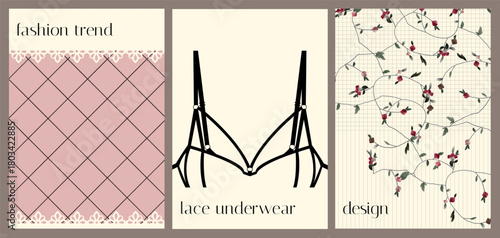 Vector set of three stylish fashion-themed panels. Pink geometric grid pattern. White and floral lace elements, black bra silhouette. Minimalist delicate outline. Elegant modern layout for design