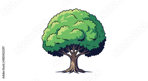 A simple, charming cartoon tree illustration with vibrant green leaves and a sturdy brown trunk, isolated on a white background.