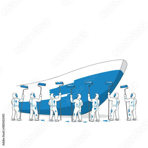 8 set ship crew member painting the ship’s hull with a roller brush, wearing a protective suit and mask, flat design, simple and minimalistic style, white background