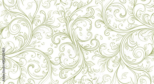 Delicate and elegant seamless pattern with intricate light olive green swirling floral and vine motifs on a white background.