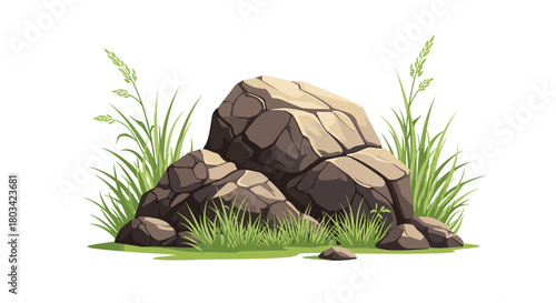 A cluster of large, weathered rocks nestled among vibrant green grass and tall stalks of wild oat, set against a clean white background.