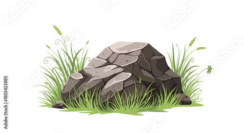 An artistic depiction of a large, gray rock, composed of various stone segments, surrounded by lush green blades of grass and a lucky clover.