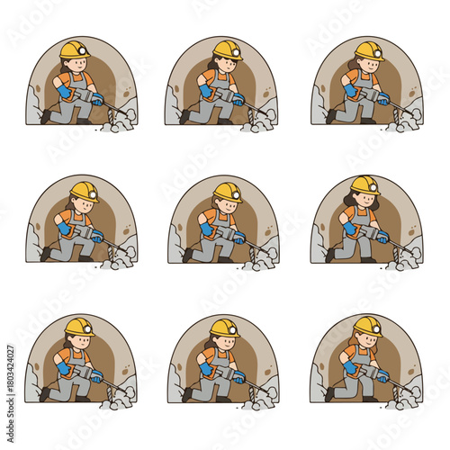 8 set female miner using a drill in a tunnel, wearing a helmet lamp and safety gloves, flat design, simple and minimalistic, white background