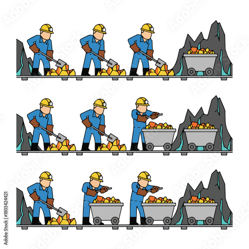 8 set miner loading minerals into a mining cart, wearing gloves and helmet, underground setting, flat design, white background, clean vector style.