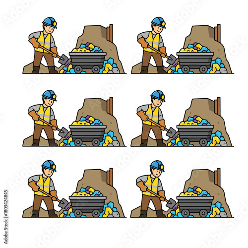 8 set miner loading minerals into a mining cart, wearing gloves and helmet, underground setting, flat design, white background, clean vector style.