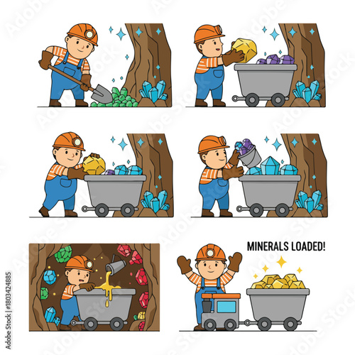 8 set miner loading minerals into a mining cart, wearing gloves and helmet, underground setting, flat design, white background, clean vector style.