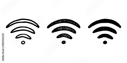 Set of hand drawn free wifi spot zone sign Public wi-fi area sign Wireless internet clipart in doodle style Single element for print, web, design, decor 3G, 4G, 5G, 6G, IoT