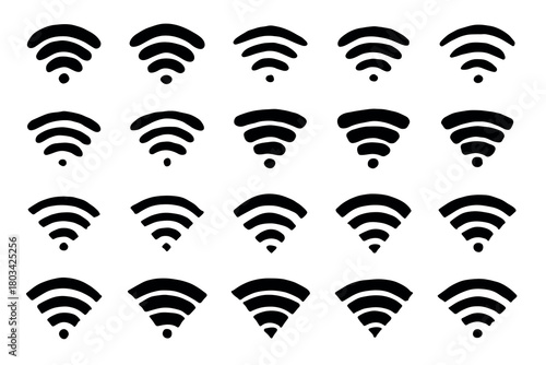 Set of hand drawn free wifi spot zone sign Public wi-fi area sign Wireless internet clipart in doodle style Single element for print, web, design, decor 3G, 4G, 5G, 6G, IoT