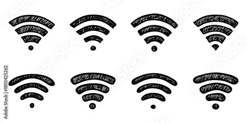 Set of hand drawn free wifi spot zone sign Public wi-fi area sign Wireless internet clipart in doodle style Single element for print, web, design, decor 3G, 4G, 5G, 6G, IoT