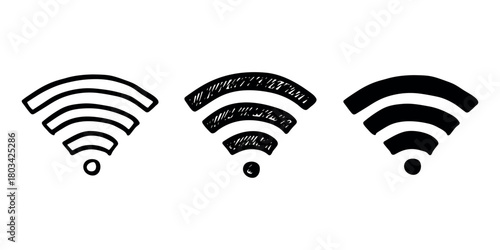 Set of hand drawn free wifi spot zone sign Public wi-fi area sign Wireless internet clipart in doodle style Single element for print, web, design, decor 3G, 4G, 5G, 6G, IoT