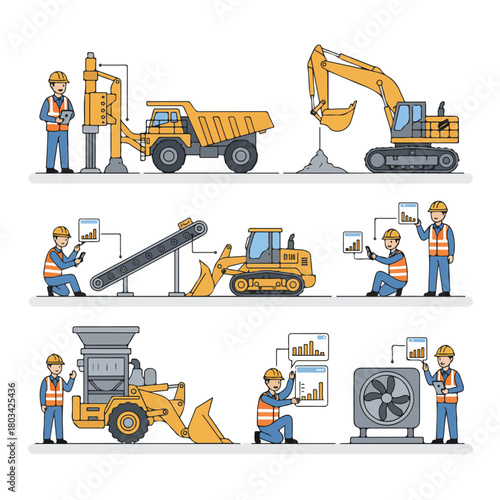8 set mining engineer checking data on a tablet near heavy machinery, wearing a safety helmet and vest, flat design, simple and minimalistic, white background