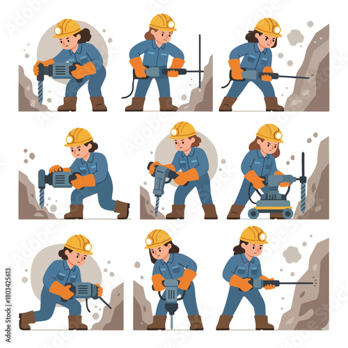 8 set female miner using a drill in a tunnel, wearing a helmet lamp and safety gloves, flat design, simple and minimalistic, white background