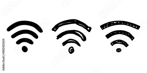 Set of hand drawn free wifi spot zone sign Public wi-fi area sign Wireless internet clipart in doodle style Single element for print, web, design, decor 3G, 4G, 5G, 6G, IoT