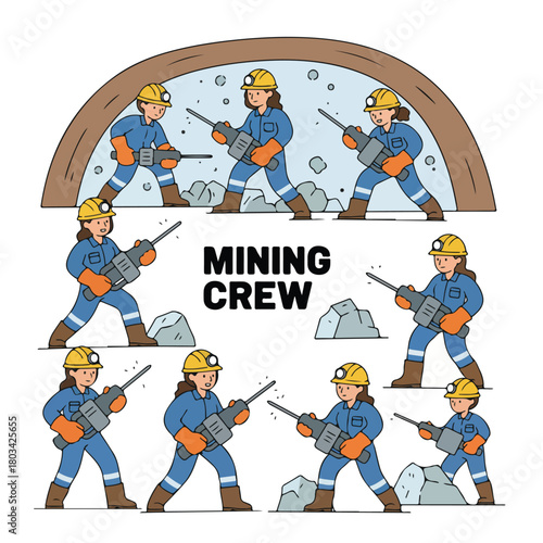 8 set female miner using a drill in a tunnel, wearing a helmet lamp and safety gloves, flat design, simple and minimalistic, white background