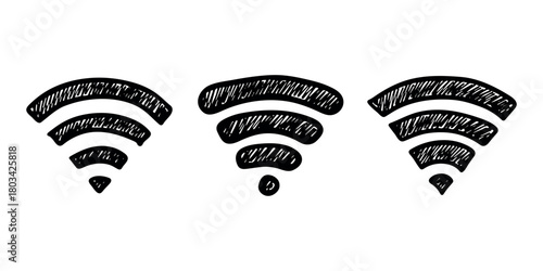 Set of hand drawn free wifi spot zone sign Public wi-fi area sign Wireless internet clipart in doodle style Single element for print, web, design, decor 3G, 4G, 5G, 6G, IoT