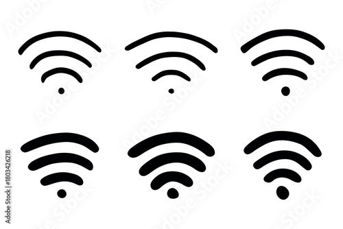 Set of hand drawn free wifi spot zone sign Public wi-fi area sign Wireless internet clipart in doodle style Single element for print, web, design, decor 3G, 4G, 5G, 6G, IoT