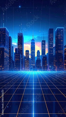 A vibrant, futuristic cityscape glows under a dusk sky. Buildings' illuminated windows contrast against the gradient sky with lines