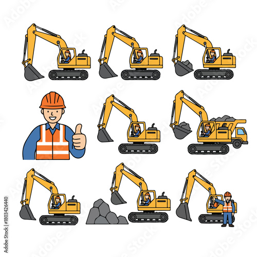 8 set open-pit mine worker operating a large excavator, wearing an orange safety vest and helmet, flat design, simple and minimalistic style, white background