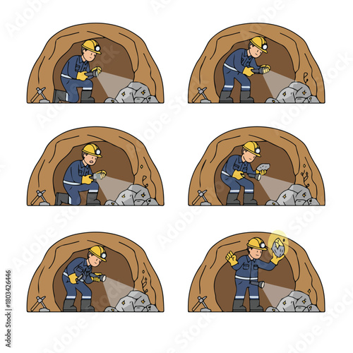 8 set miner inspecting rocks with a flashlight in a tunnel, wearing full protective equipment, flat design, minimalistic style, white background.