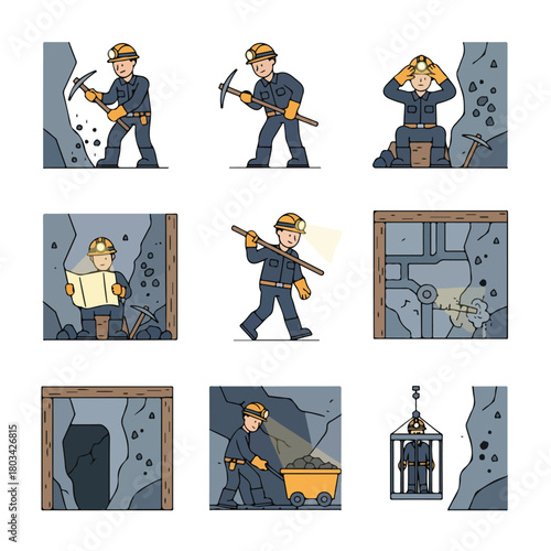 8 set coal miner working underground with a pickaxe and helmet lamp, wearing safety gear, flat design, simple and minimalistic style, white background, 