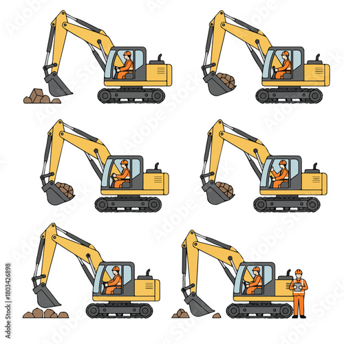 8 set open-pit mine worker operating a large excavator, wearing an orange safety vest and helmet, flat design, simple and minimalistic style, white background