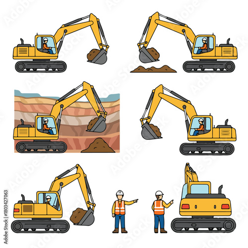 8 set open-pit mine worker operating a large excavator, wearing an orange safety vest and helmet, flat design, simple and minimalistic style, white background