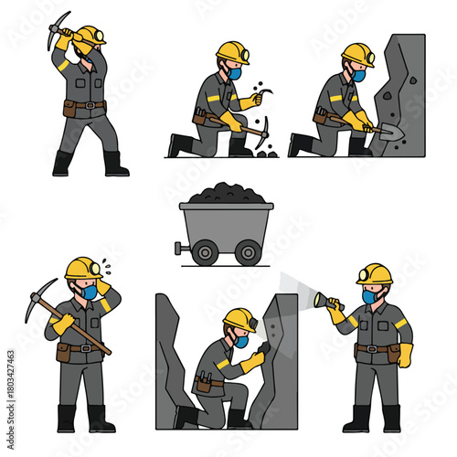 8 set coal miner working underground with a pickaxe and helmet lamp, wearing safety gear, flat design, simple and minimalistic style, white background, clean vector illustration.