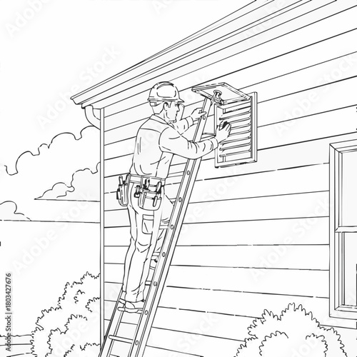 A construction worker in a hard hat repairs a vent on the side of a house while standing on a tall ladder, illustrating home maintenance.
