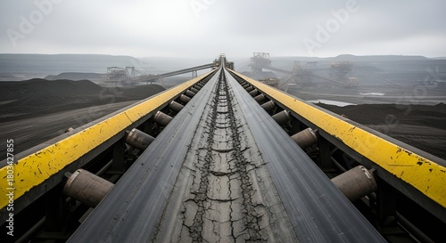Industrial landscape featuring a conveyor belt and mining machinery on a cloudy day.
