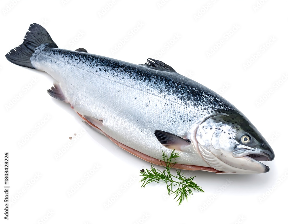 Naklejka premium Whole salmon resting on a white surface, with peppercorns and dill