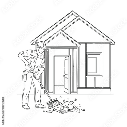 A construction worker sweeps debris in front of a small building, showcasing labor and cleanup efforts in the process of construction.