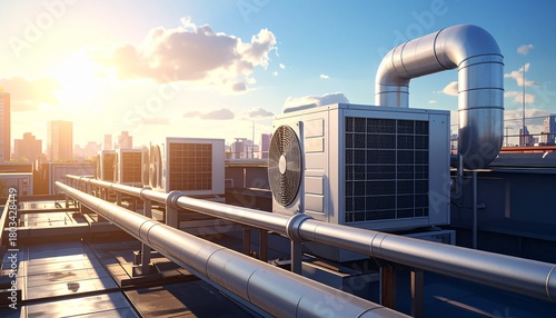 rooftop ac unit industrial metal pipe building city system architecture daylight structure modern
