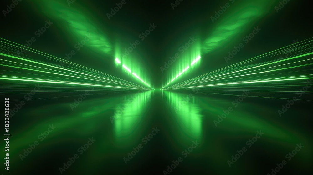 Fototapeta premium Green glowing light speed lines on reflective surface