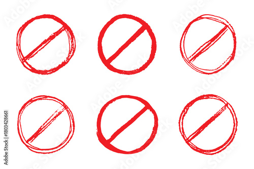 Set of hand drawn prohibition sign No entry symbol Red circle with cross line clipart in doodle style Ban Restriction Forbidden stop Single element for print, web, design