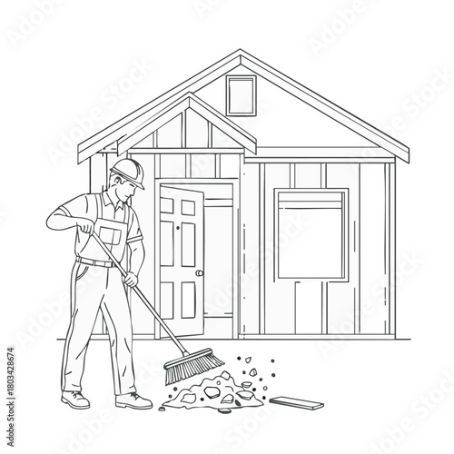 A construction worker sweeps debris in front of a small house, ensuring a clean and safe work environment for the project.