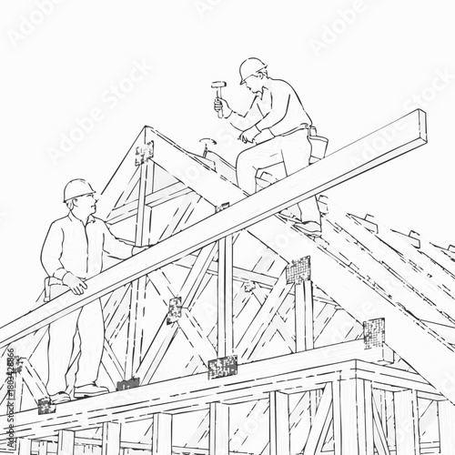 Two construction workers are building a roof structure, using a hammer to secure wood beams during the construction process of a new building.
