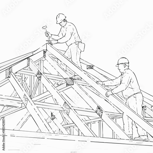 Construction workers meticulously install roof trusses on a new building, ensuring structural integrity and a solid framework for the future.