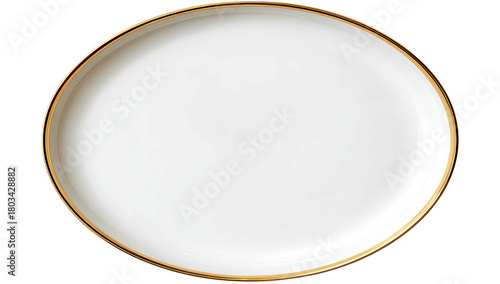 Elegant oval white plate with a thin gold rim, isolated on black