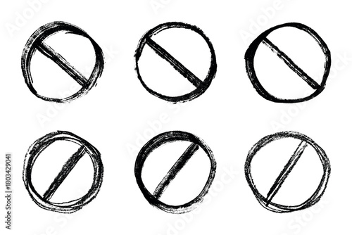 Set of hand drawn prohibition sign No entry symbol Black circle with cross line clipart in doodle style Ban Restriction Forbidden stop Single element for print, web, design