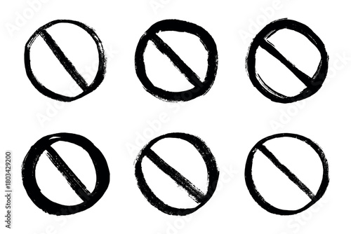 Set of hand drawn prohibition sign No entry symbol Black circle with cross line clipart in doodle style Ban Restriction Forbidden stop Single element for print, web, design
