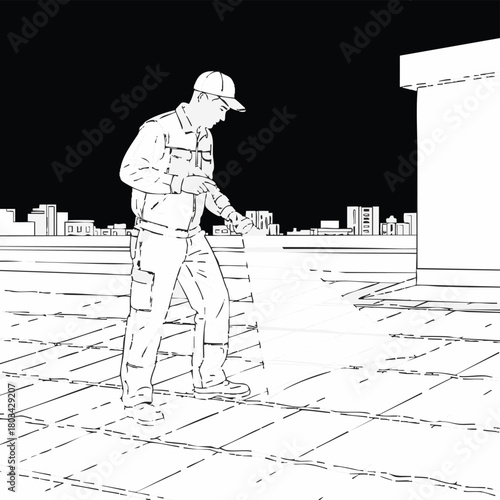 A construction worker meticulously inspects a building's rooftop, ensuring structural integrity and safety amidst the urban skyline backdrop, diligently performing his duties.