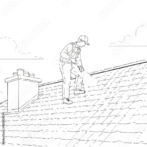 A roofer meticulously inspects a residential roof, assessing its condition and potential repairs while ensuring safety measures are in place for the task.