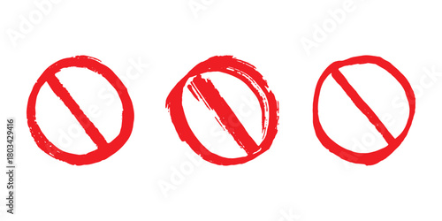 Set of hand drawn prohibition sign No entry symbol Red circle with cross line clipart in doodle style Ban Restriction Forbidden stop Single element for print, web, design
