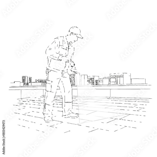 A construction worker meticulously inspects a building's rooftop, ensuring structural integrity and safety with a focused approach to his work.