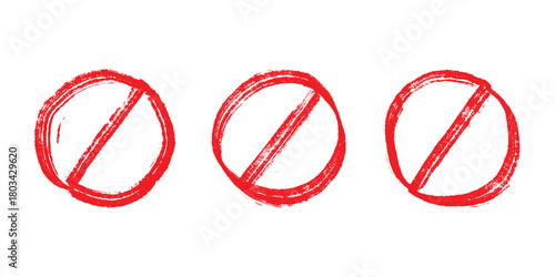 Set of hand drawn prohibition sign No entry symbol Red circle with cross line clipart in doodle style Ban Restriction Forbidden stop Single element for print, web, design